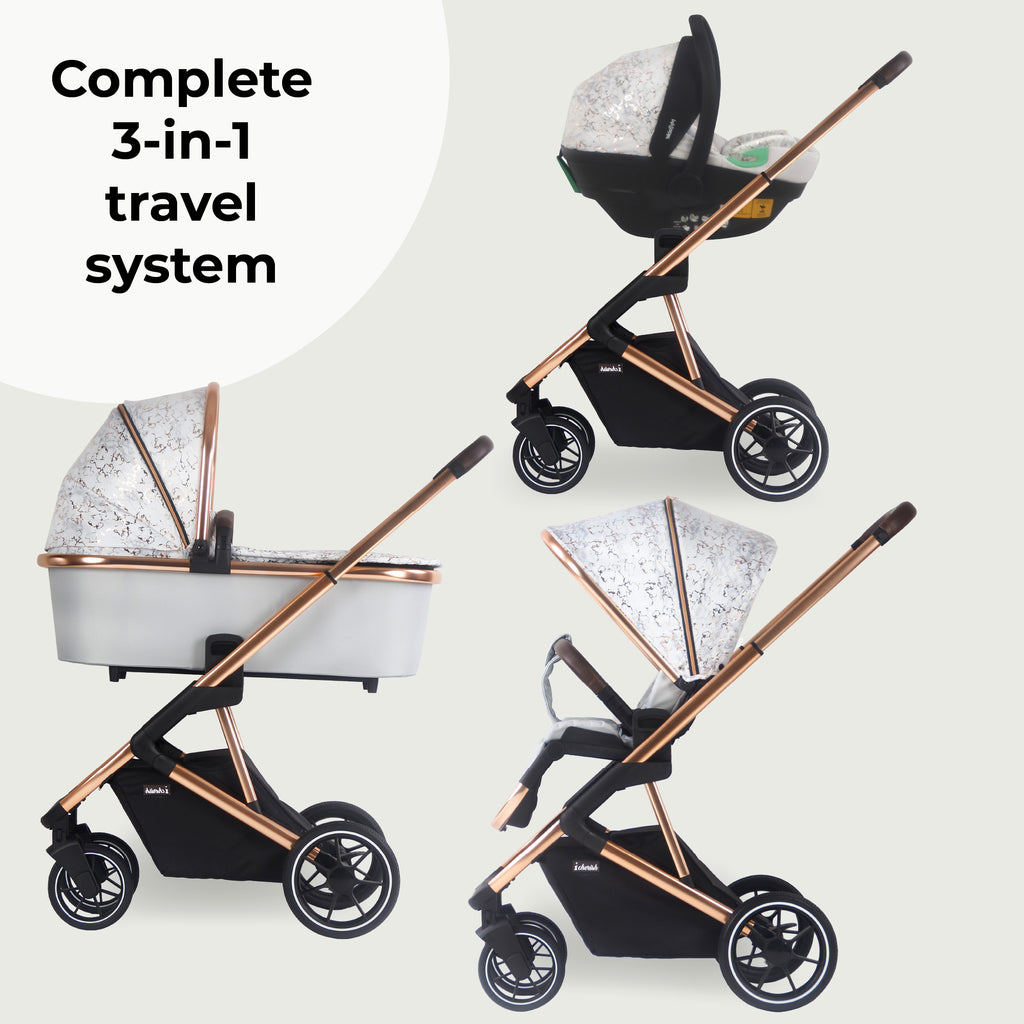 My Babiie MB500i 3-in-1 Travel System with i-Size Car Seat - Dani Dyer Rose Gold Marble