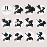 MB33 Tandem Pushchair with Infant Carrier + Base + 2 Footmuffs - Midnight Black