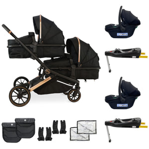 My Babiie MB33 Tandem Pushchair with 2 Infant Carriers & 2 Bases - Rose Gold Black