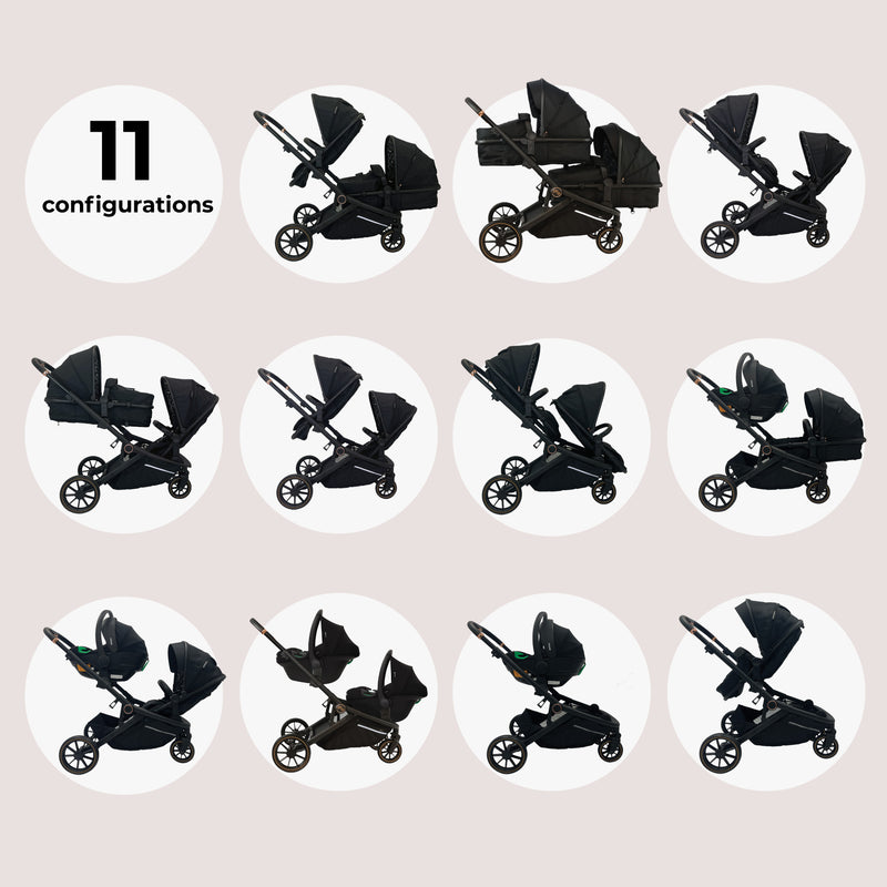 MB33 Tandem Pushchair with 2 Infant Carriers & 2 Bases - Black Leopard