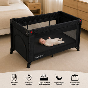 My Babiie MBTC4 LUXE 4-in-1 Travel Cot - Black Quilted